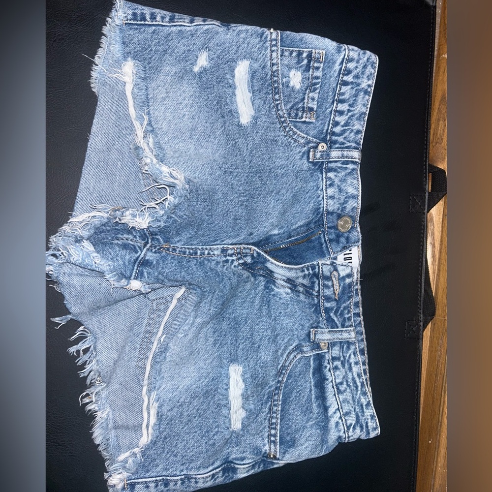 Distressed High-Rise Denim Shorts - Light Blue